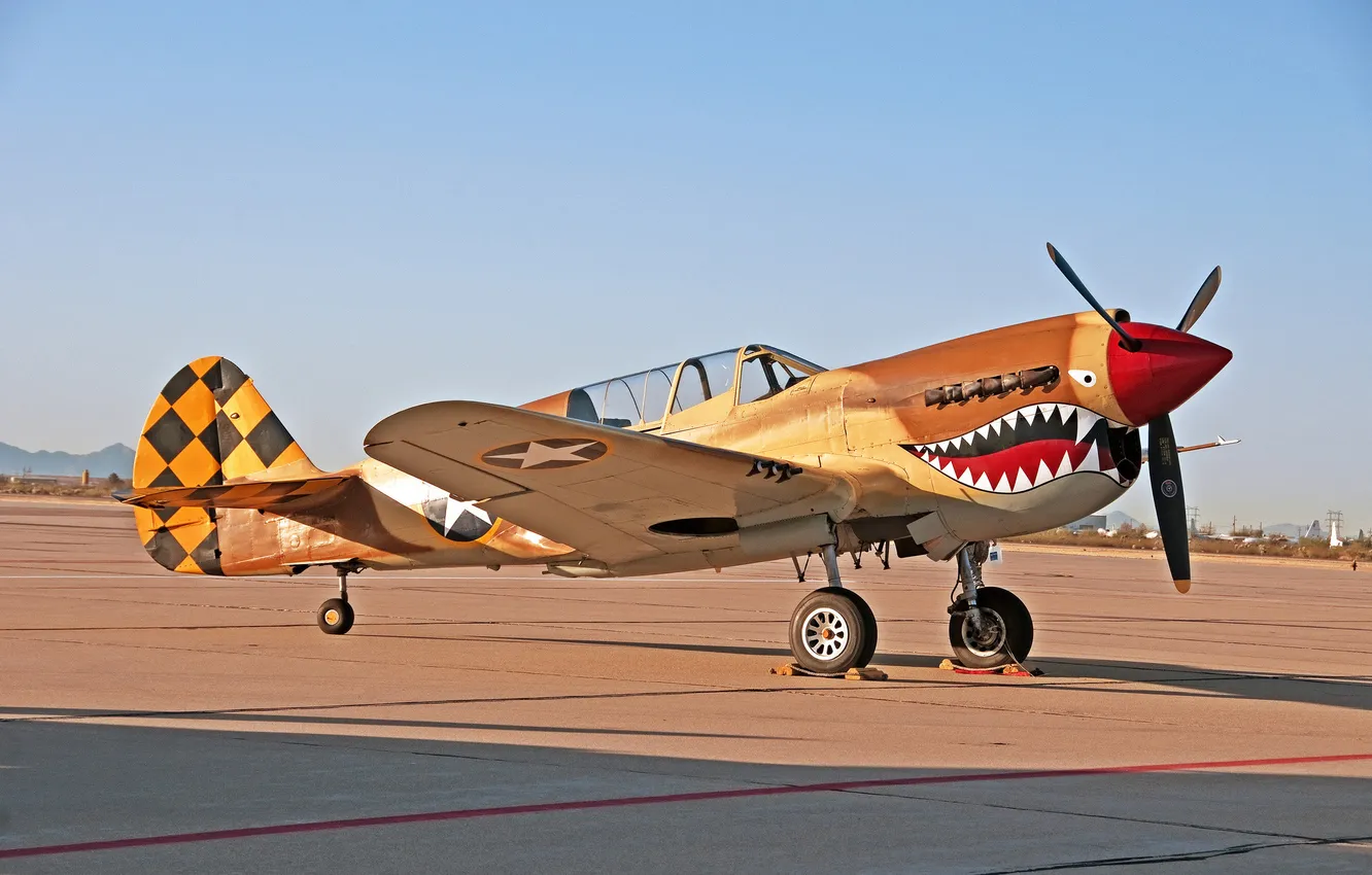 Photo wallpaper fighter, war, the airfield, Warhawk, world, Second, times, Curtiss P-40E