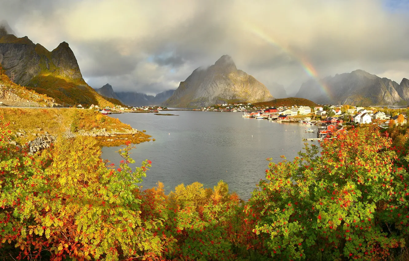 Photo wallpaper clouds, mountains, nature, the city, photo, rainbow, Norway, the bushes