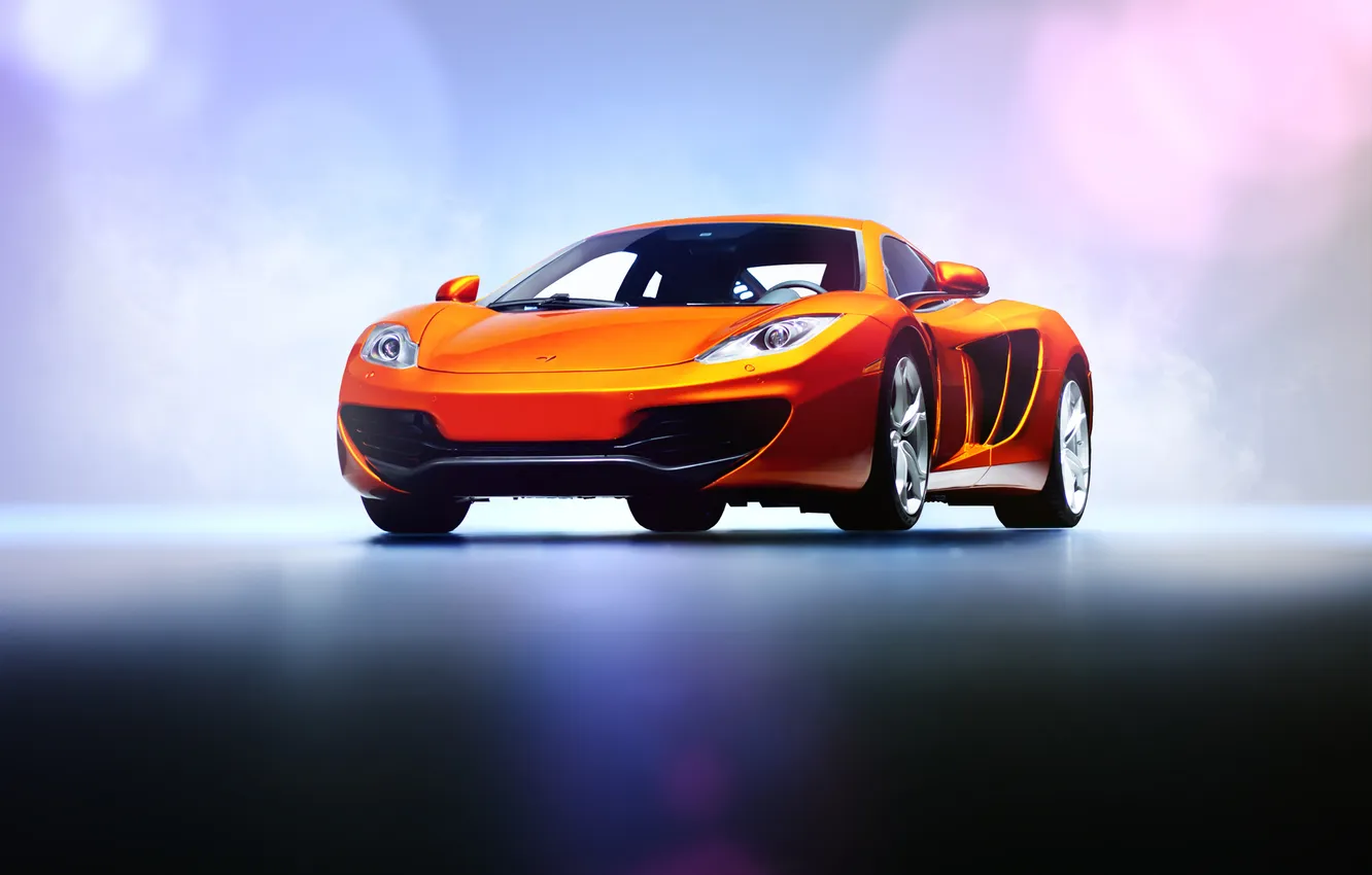 Photo wallpaper orange, glare, McLaren, supercar, podium, Front, MP4-12C, orange