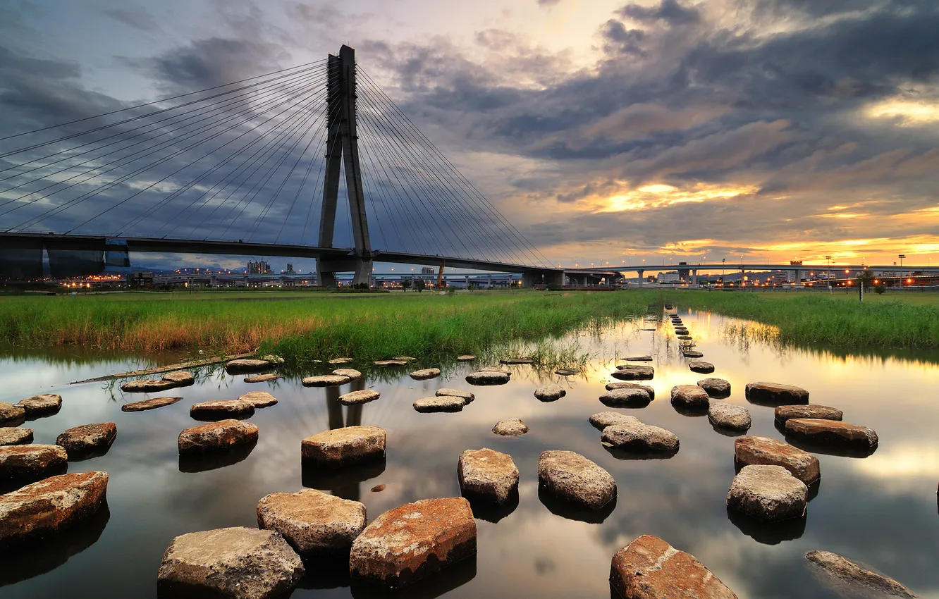 Photo wallpaper the sky, bridge, surface, river, stones
