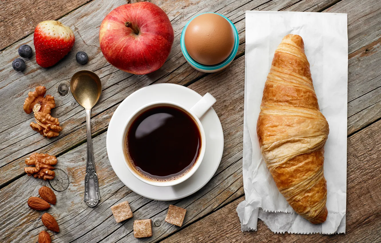 Photo wallpaper apples, coffee, Breakfast, nuts, breakfast, croissant