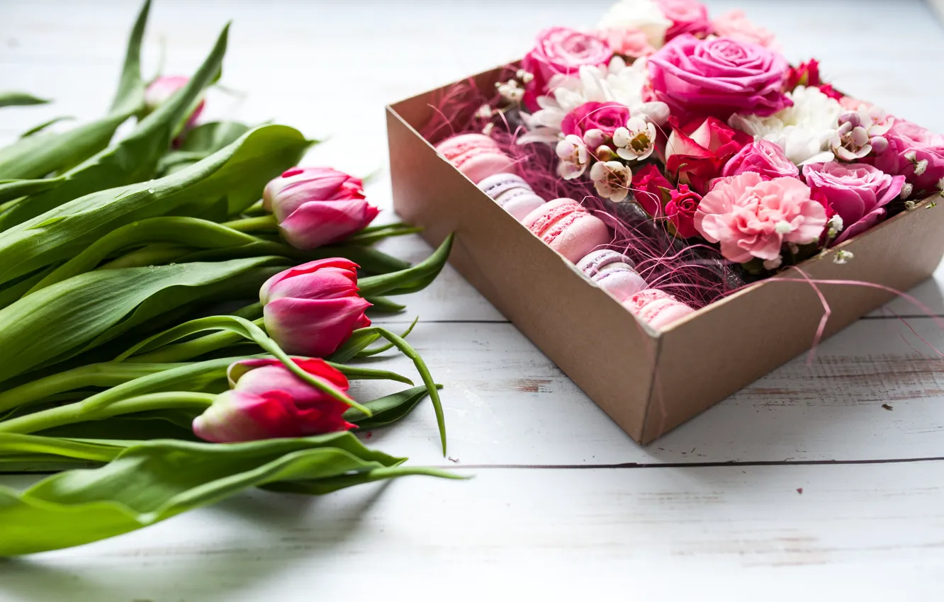Photo wallpaper flowers, box, roses, bouquet, tulips, pink, flower, wood