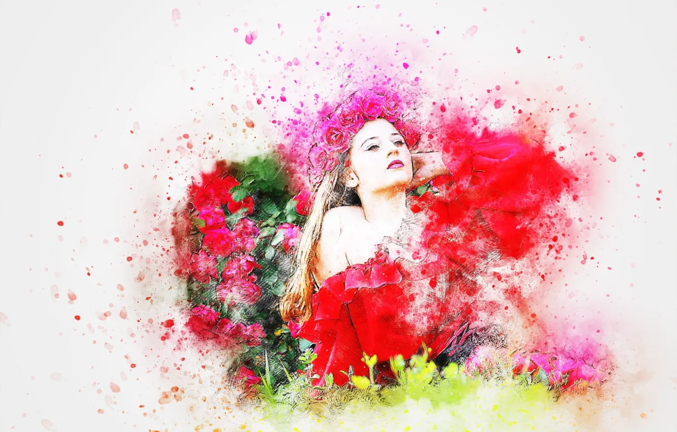 Photo wallpaper flowers, background, figure, wreath, girl art