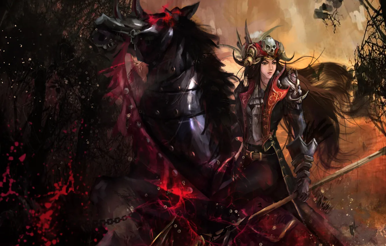 Photo wallpaper girl, horse, skull, horns