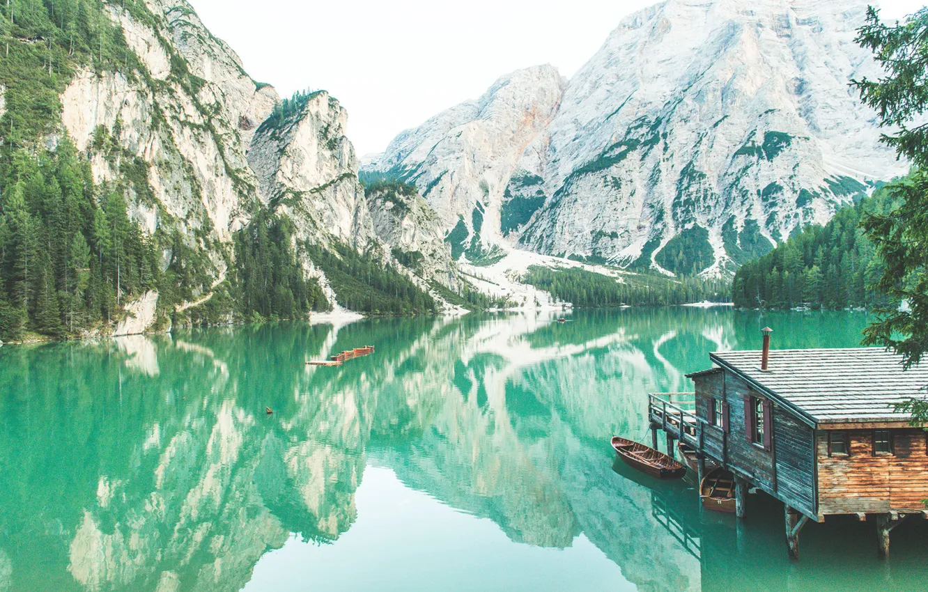 Photo wallpaper pond, reflection, Dolomites, mountains, THE THREE PEAKS OF LAVAREDO