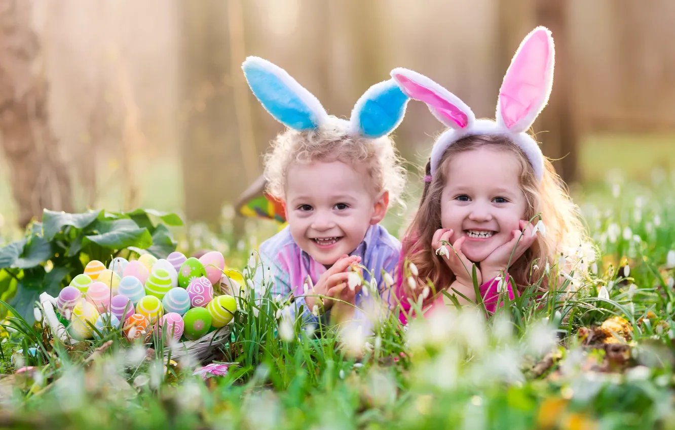 Photo wallpaper grass, nature, children, holiday, basket, eggs, spring, Easter