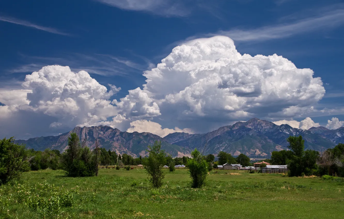 Photo wallpaper the sky, clouds, mountains, home, meadows