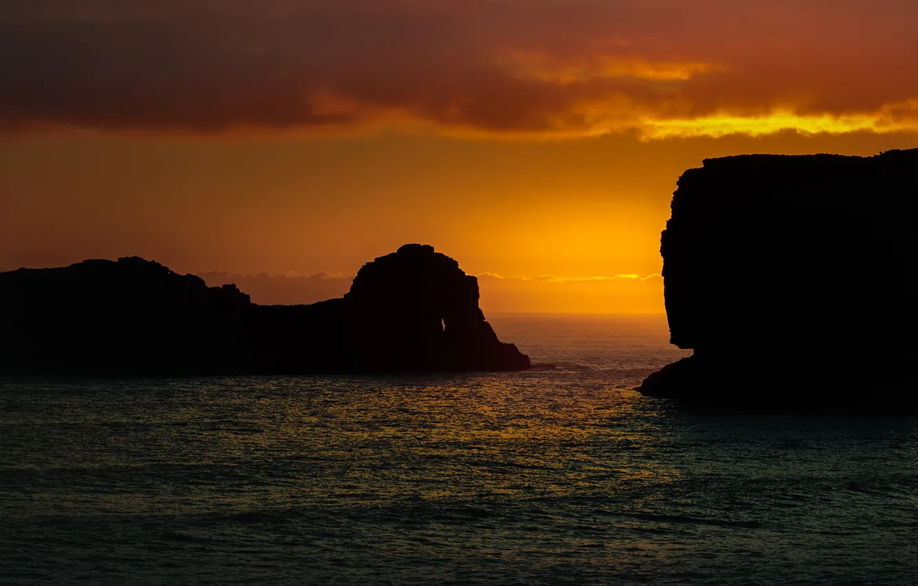 Photo wallpaper sea, the sky, sunset, rocks, horizon, silhouettes, Iceland, Dyrholaey