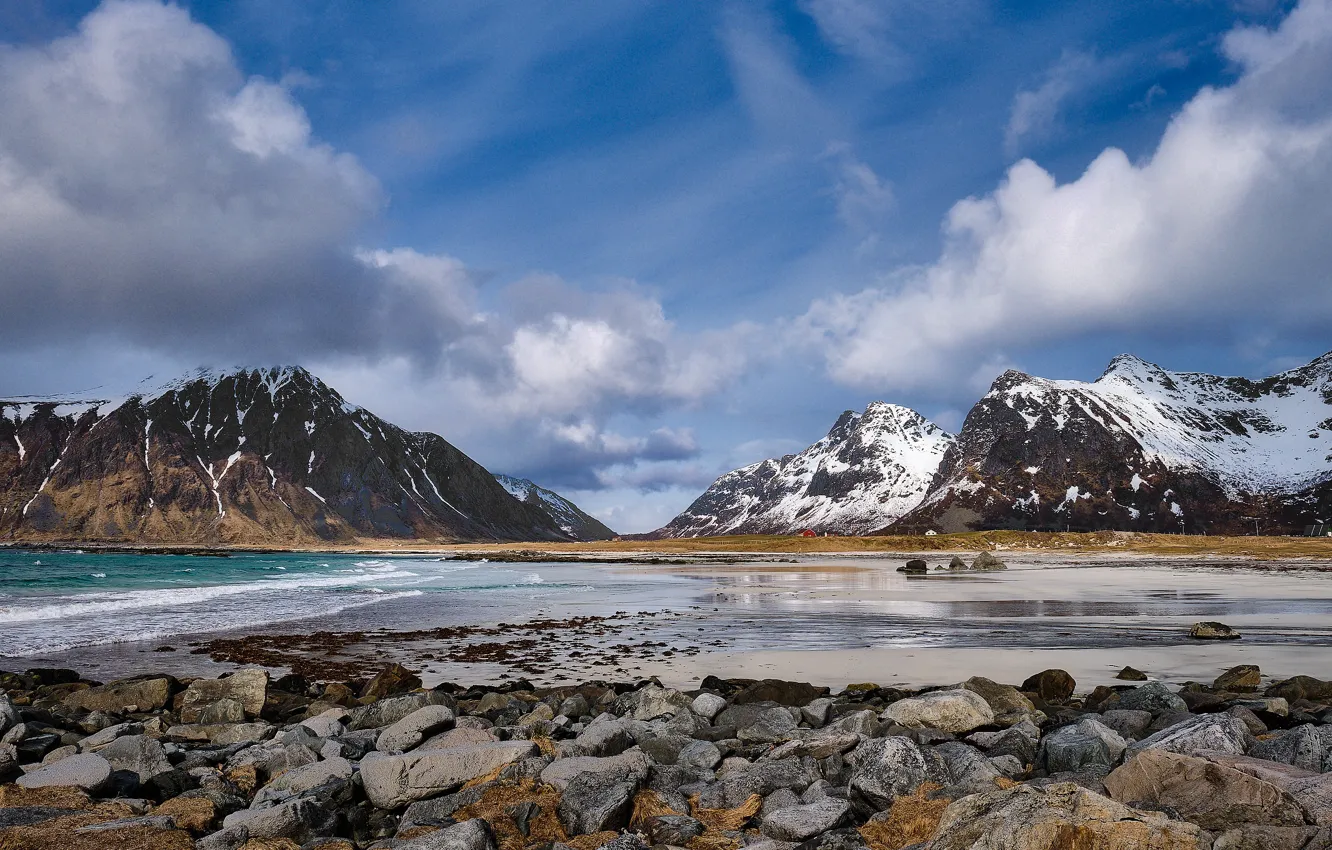 Photo wallpaper mountains, Norway, Lofoten, Skagsanden