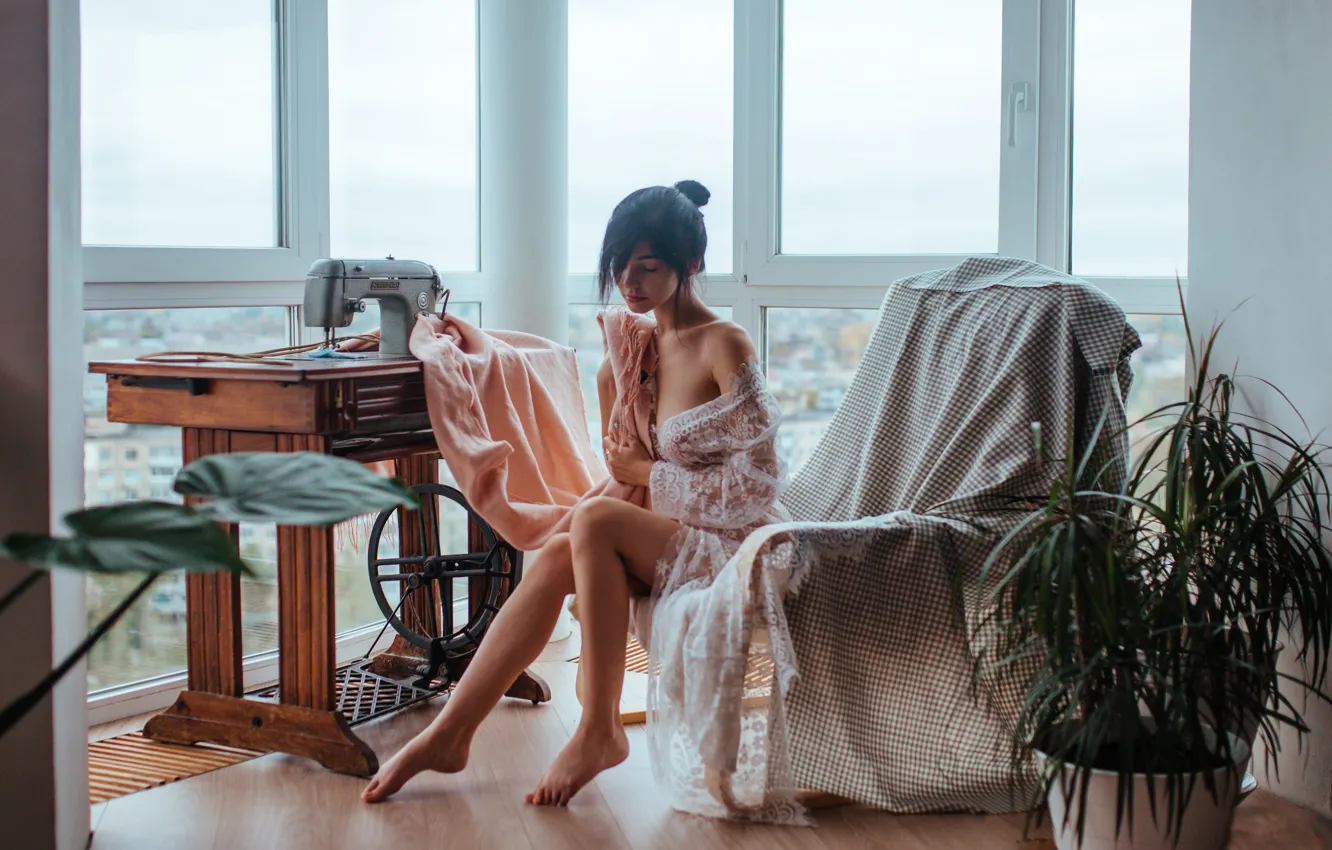 Photo wallpaper girl, pose, chair, barefoot, brunette, window, shoulder, fabric