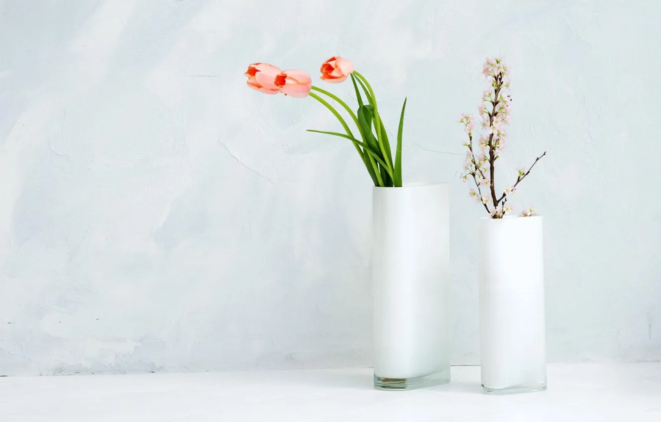 Photo wallpaper flowers, minimalism, spring, tulips, vase