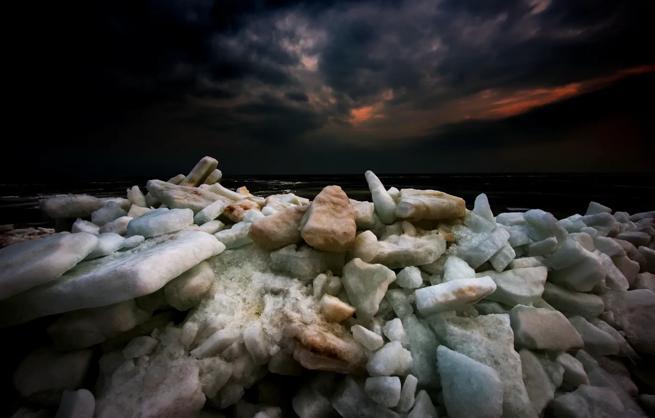 Photo wallpaper sea, night, shore, ice