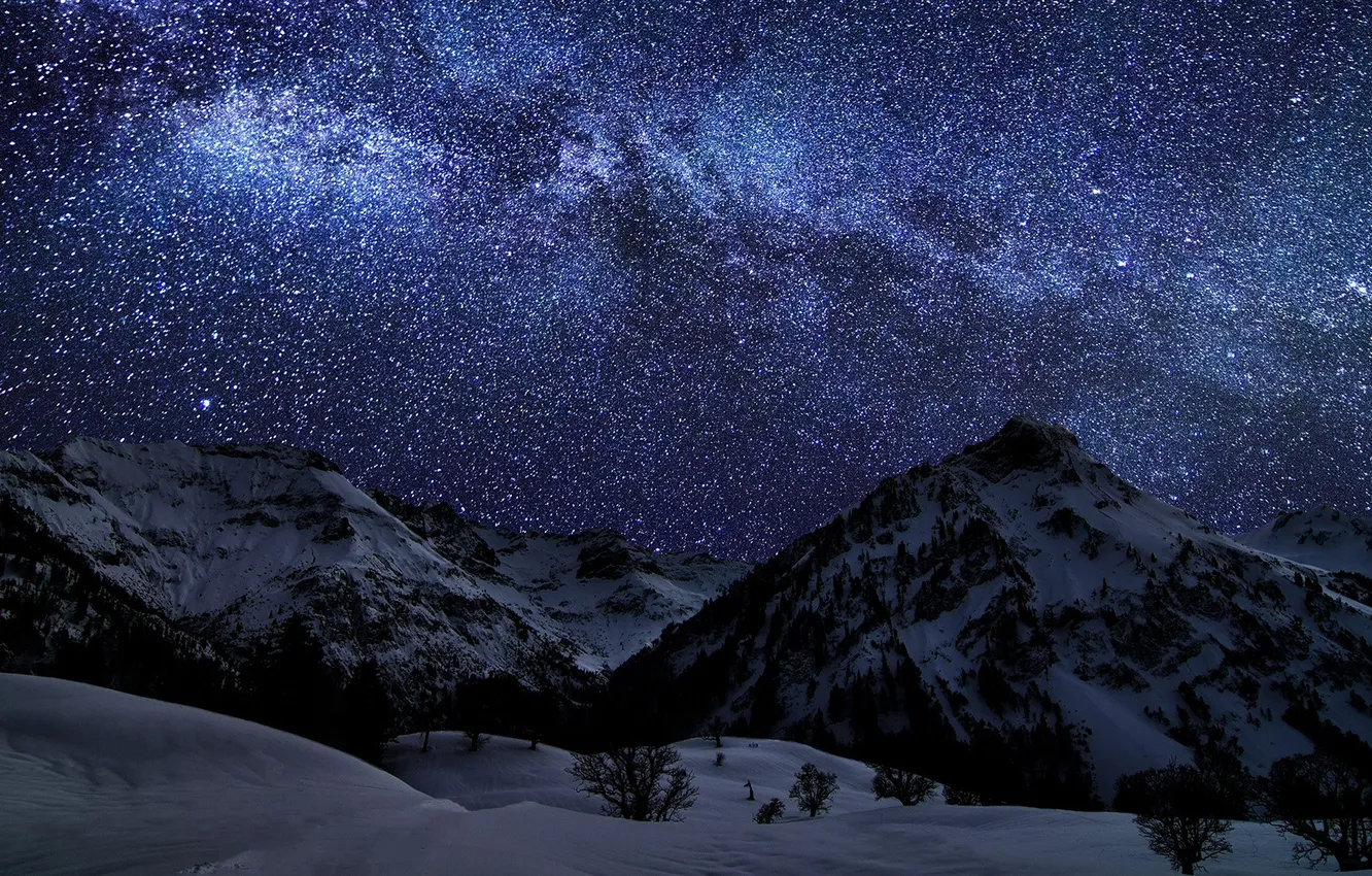 Photo wallpaper space, sky, landscape, nature, night, winter, mountains, snow