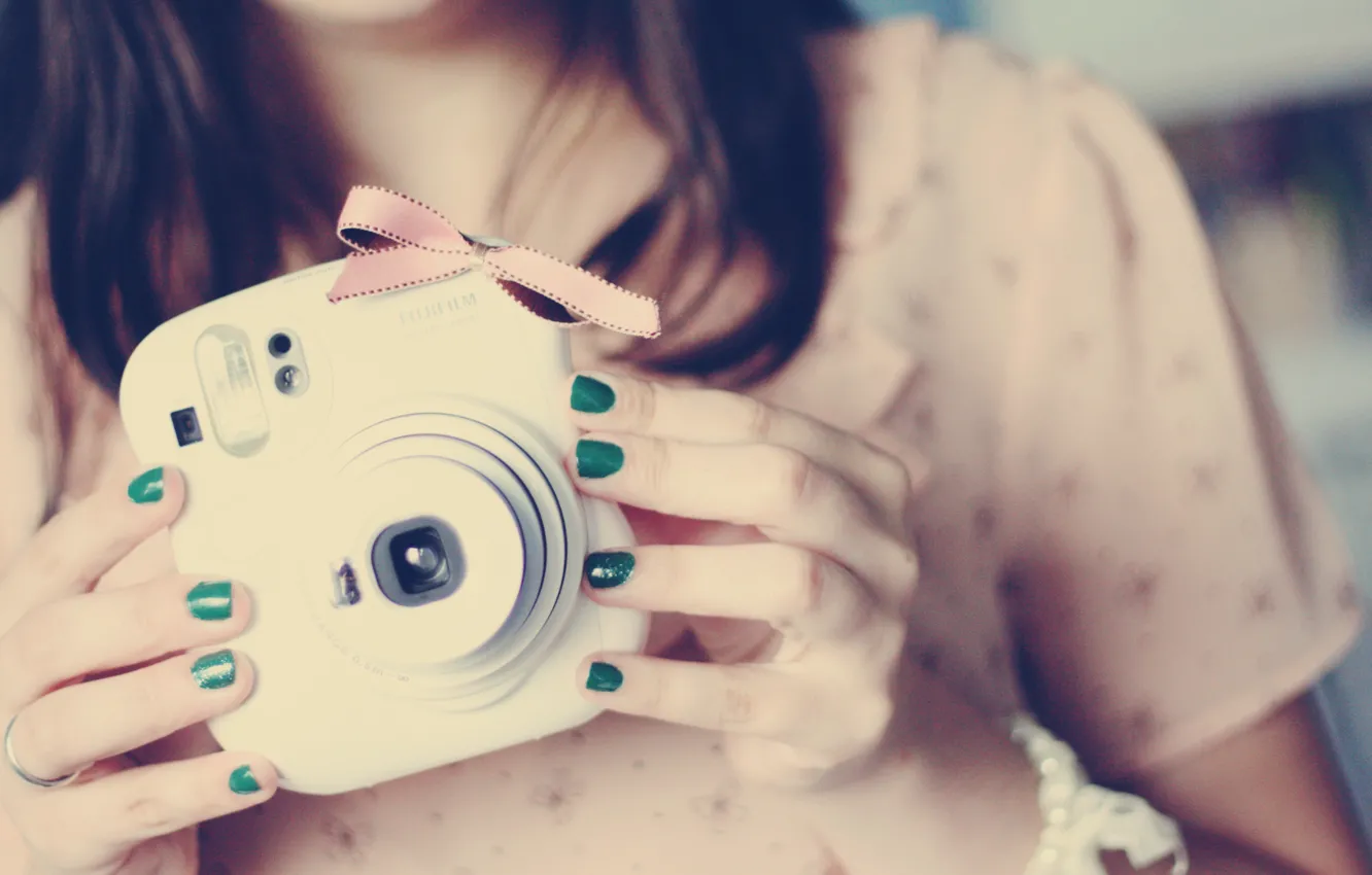 Photo wallpaper girl, green, photo, background, pink, Wallpaper, mood, brunette