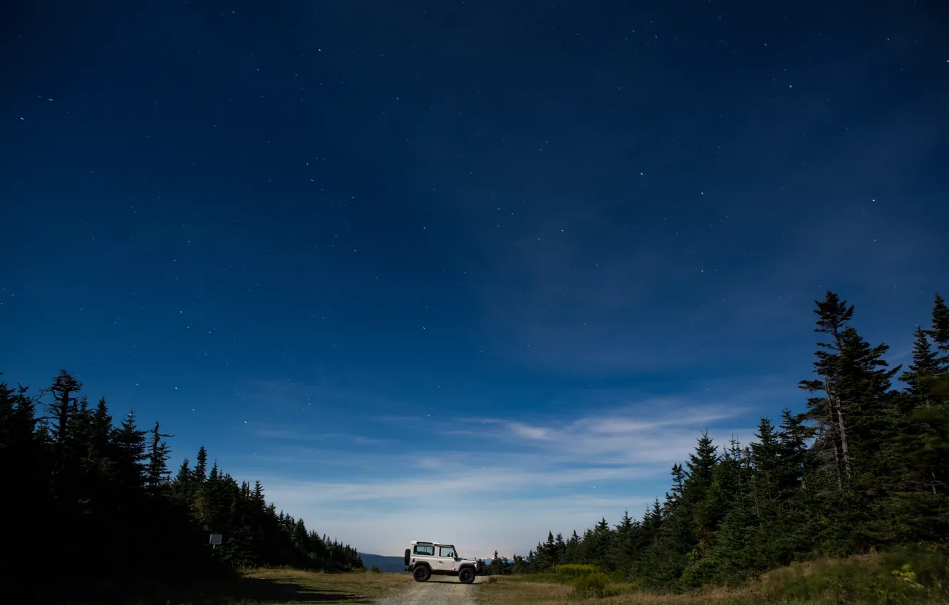 Photo wallpaper Land Rover, Nature, Sky, Stars, Wood, Night, Defender, Trees