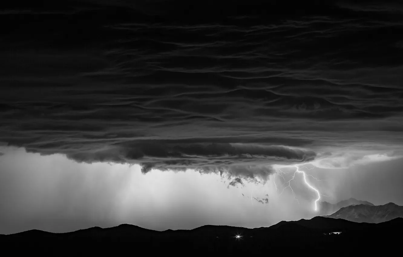 Photo wallpaper the sky, clouds, mountains, clouds, storm, nature, element, lightning