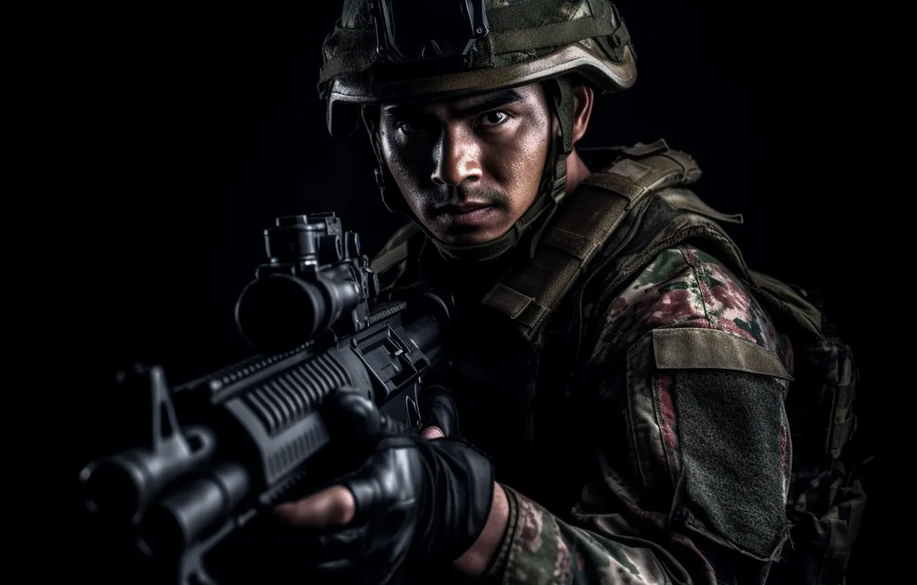 Photo wallpaper look, the dark background, soldiers, machine, male, helmet, digital art, AI art