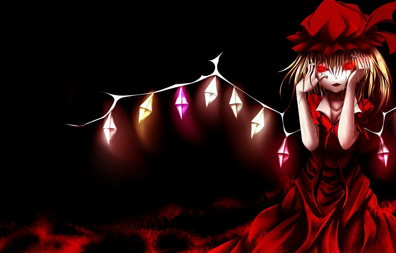 Photo wallpaper red dress, red eyes, art, bloody tears, vampire, crazy, Touhou Project, Flandre Scarlet