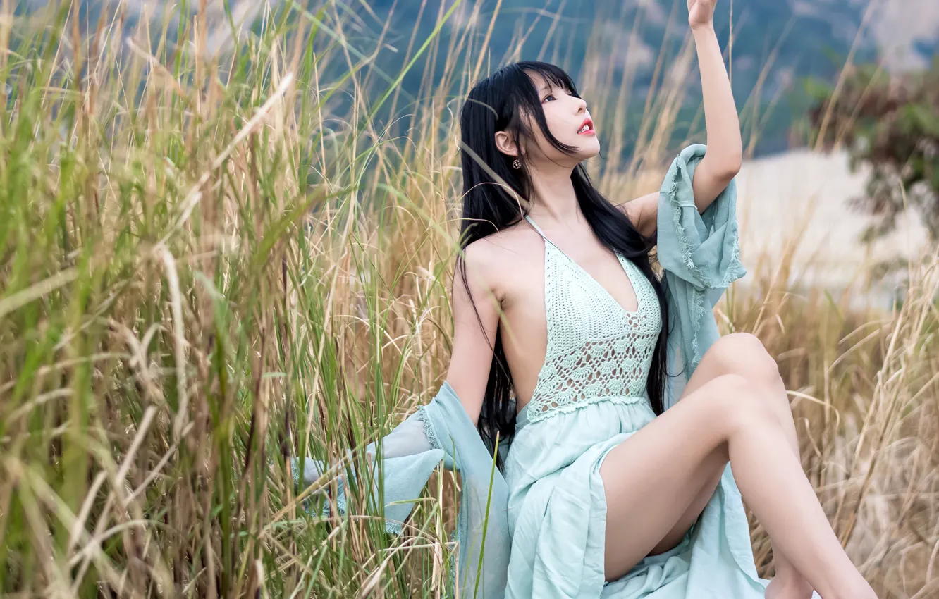 Photo wallpaper grass, pose, stones, model, portrait, makeup, figure, dress