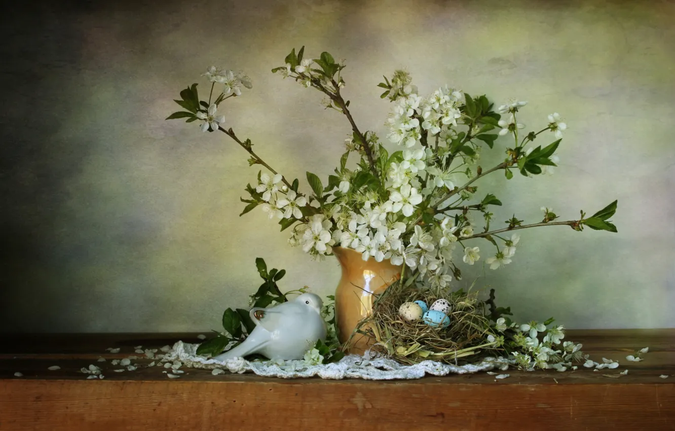 Photo wallpaper cherry, eggs, socket, bird