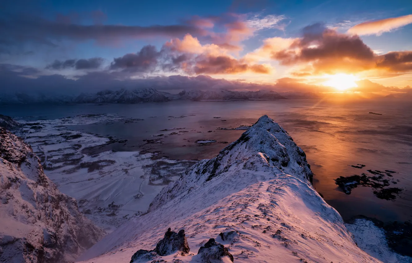 Photo wallpaper sunset, mountains, Norway, Lofoten