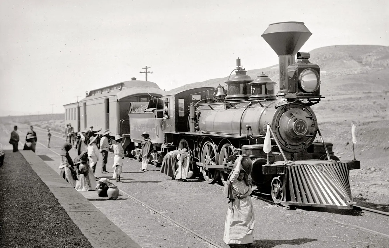 Photo wallpaper retro, train, the engine, USA, stop, 1890-the year