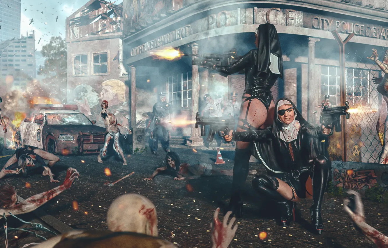 Photo wallpaper the city, weapons, girls, the situation, zombies, fight, photoart, nuns