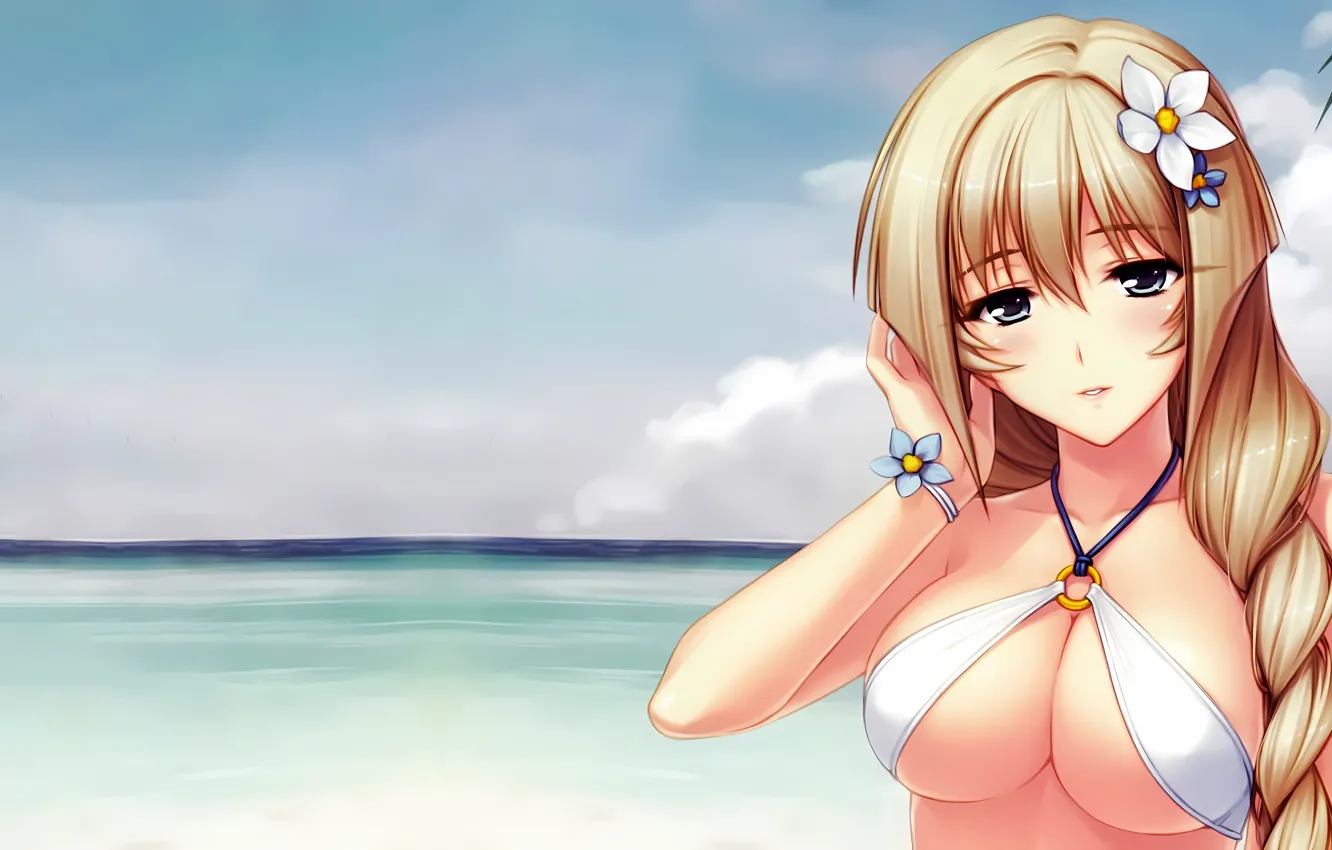 Photo wallpaper girl, sexy, cleavage, long hair, sea, boobs, anime, beautiful