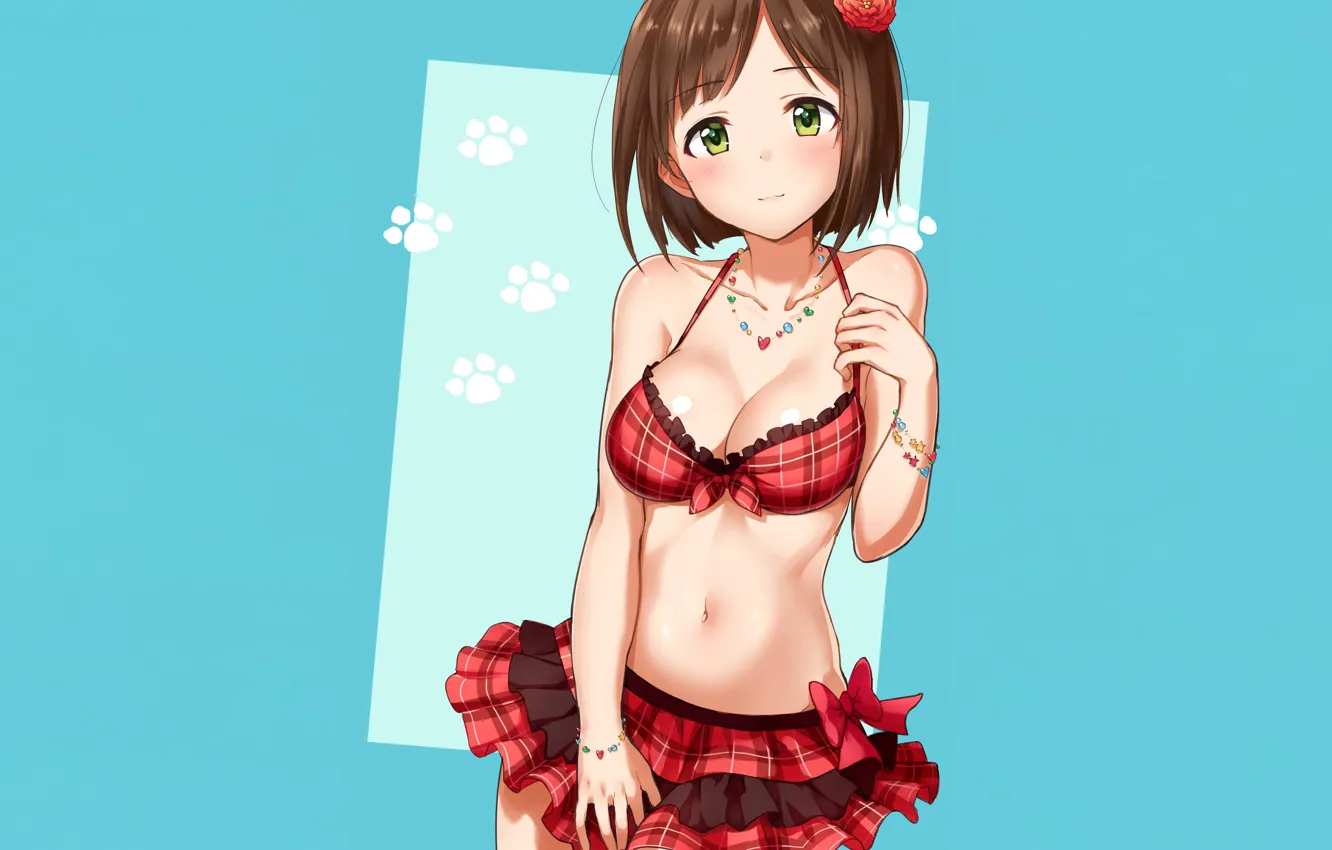 Photo wallpaper girl, sexy, cleavage, boobs, anime, beautiful, short hair, pretty