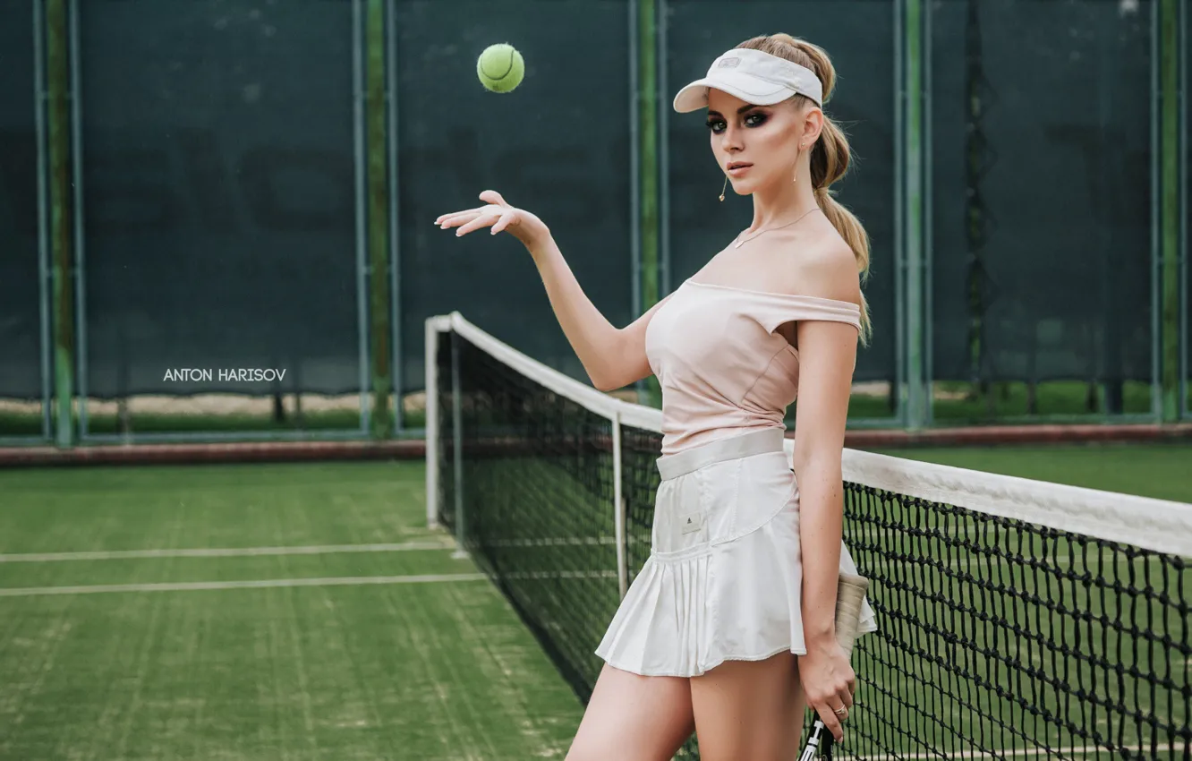 Photo wallpaper girl, pose, mesh, the ball, tennis, court, Anton Kharisov, Katrin Sarkozy