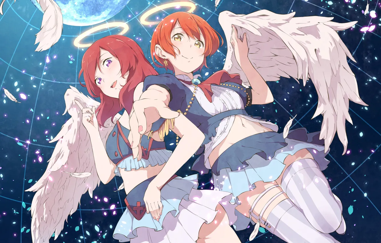 Photo wallpaper look, girl, stars, smile, planet, wings, halo, art