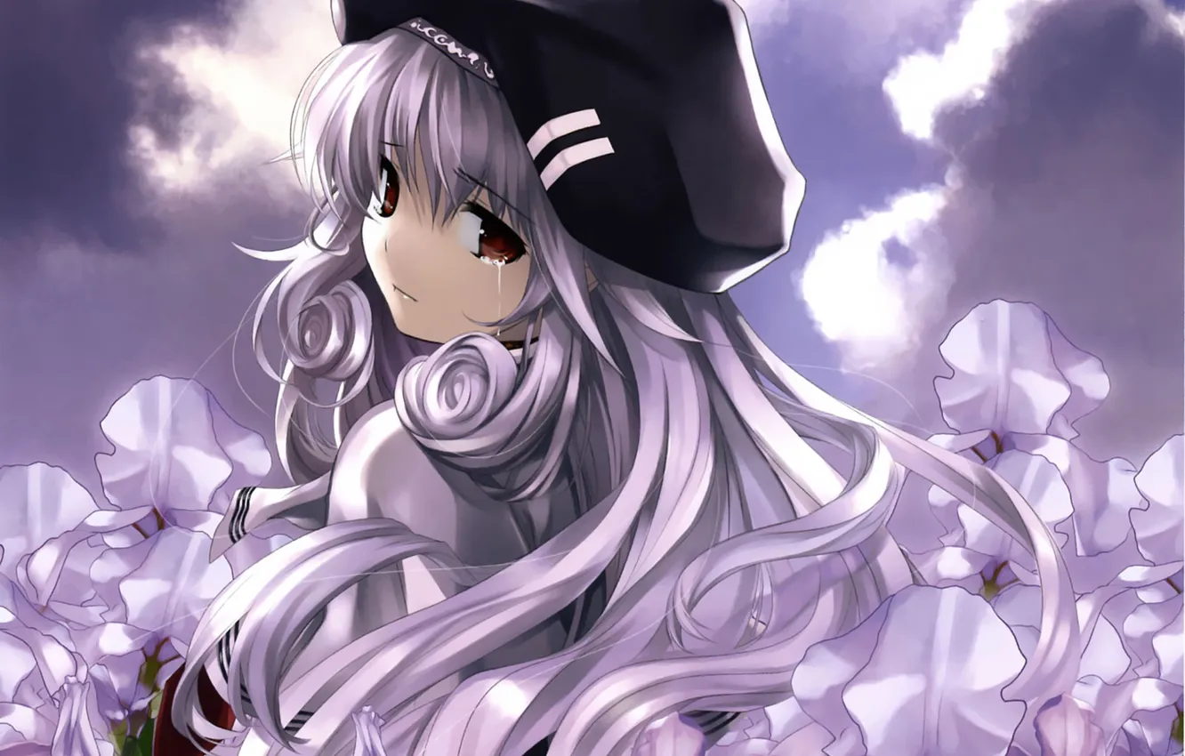 Photo wallpaper girl, clouds, flowers, tears, takes, kanojo ni furu yoru shit, iris, novel