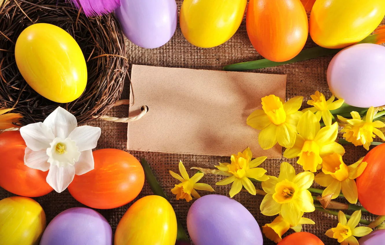 Photo wallpaper flowers, eggs, Easter, flowers, daffodils, spring, Easter, eggs
