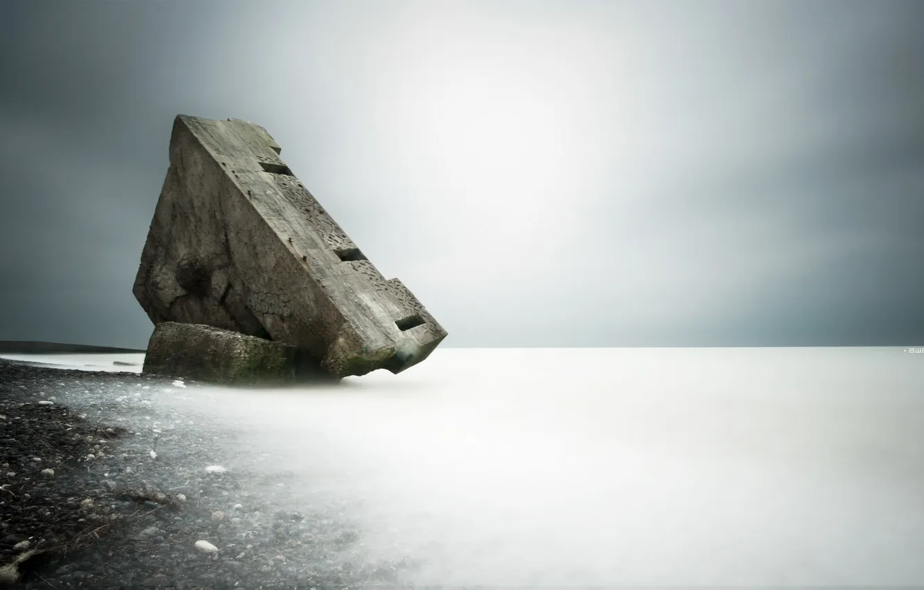 Photo wallpaper fog, lake, blocks