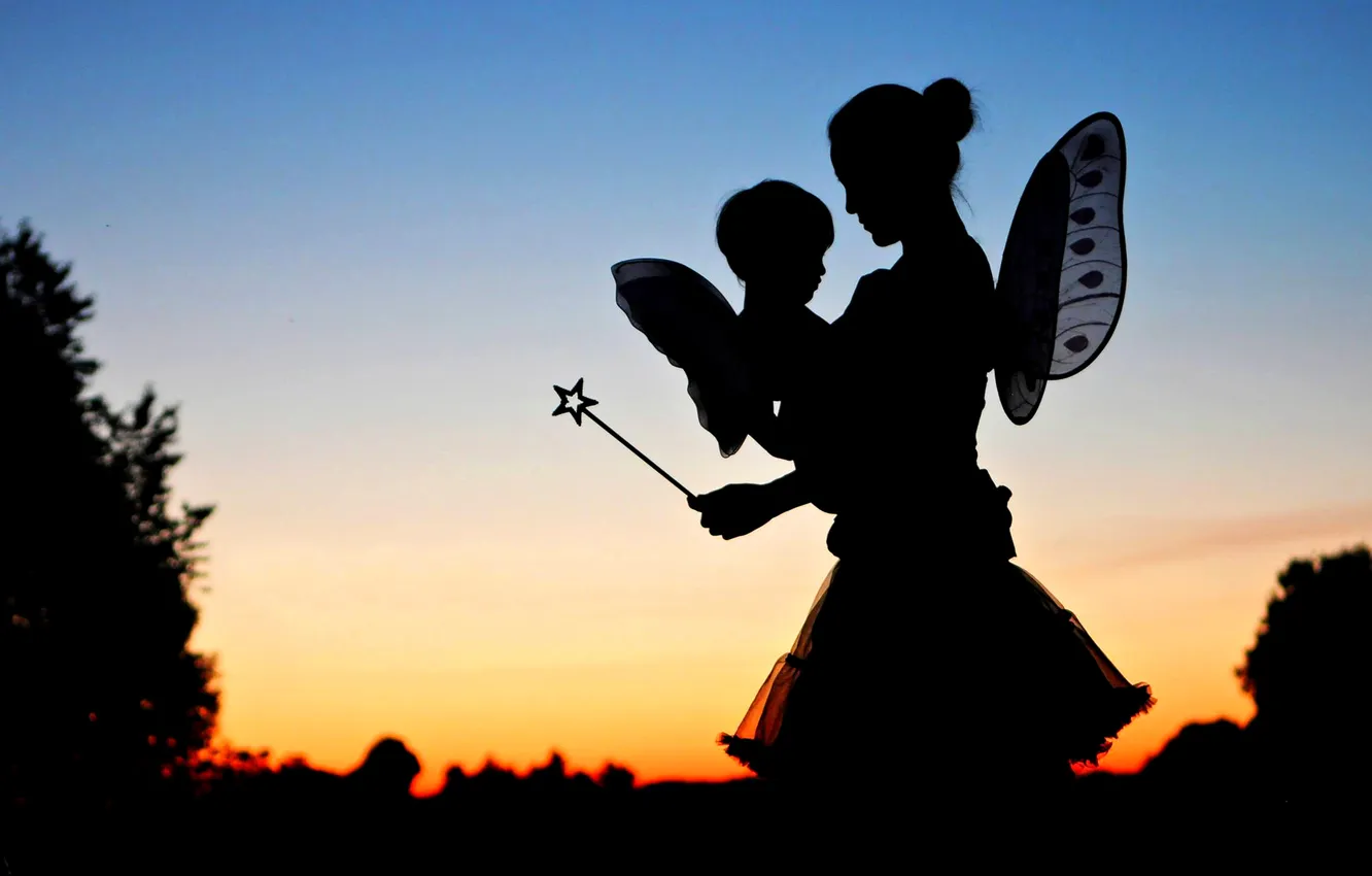 Photo wallpaper the sky, love, sunset, nature, children, mother