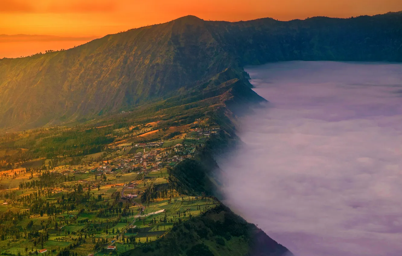 Photo wallpaper fog, home, village, Indonesia, glow, mount Bromo, the island of Java, Cemoro Lawang