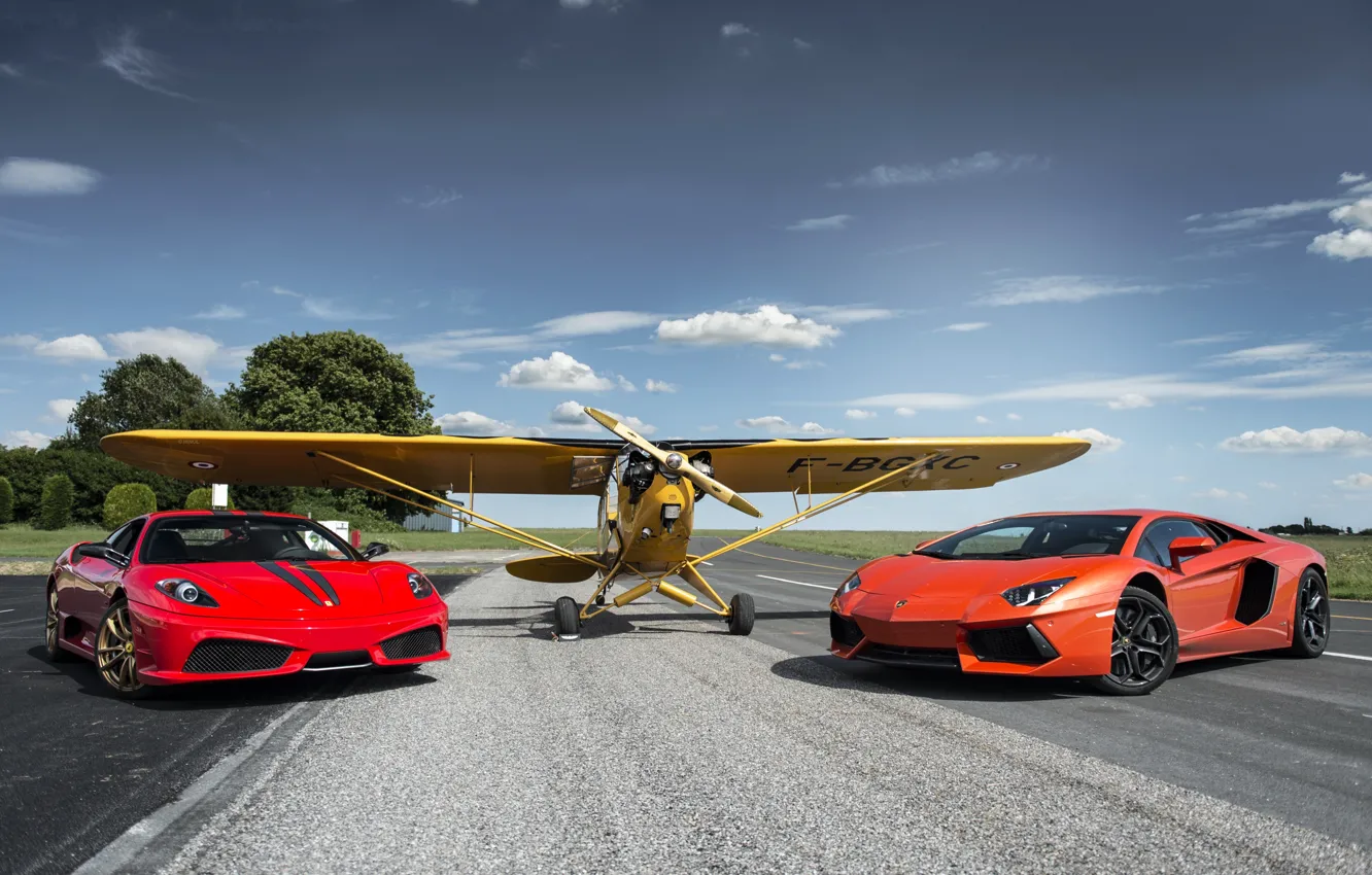 Photo wallpaper the sky, clouds, red, the plane, lamborghini, ferrari, Ferrari, plane