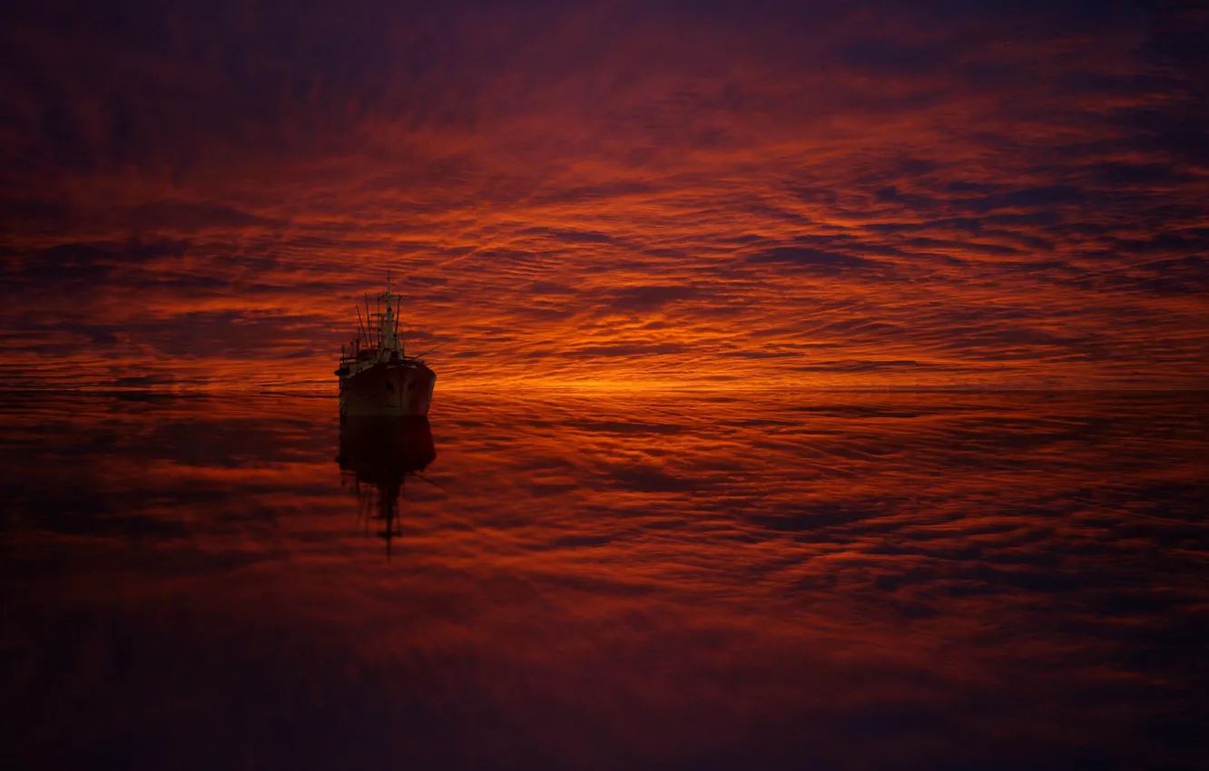 Photo wallpaper sea, clouds, reflection, ship