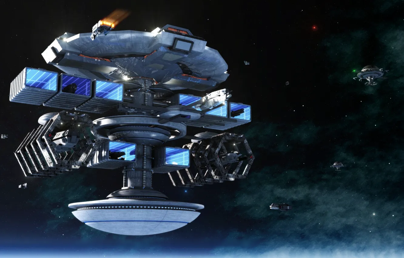 Photo wallpaper space, stars, ship, planet, station