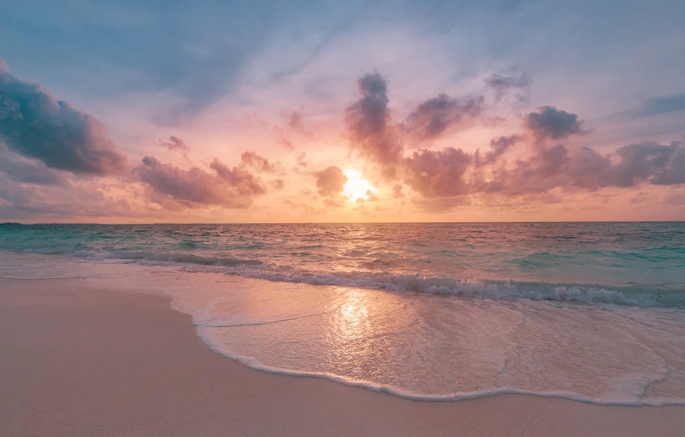 Photo wallpaper sand, sea, wave, beach, summer, the sky, the sun, clouds