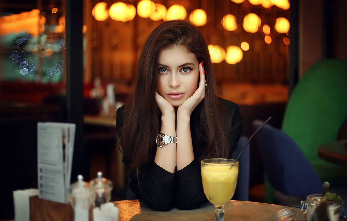 Photo wallpaper girl, green eyes, long hair, photo, model, lips, face, brunette