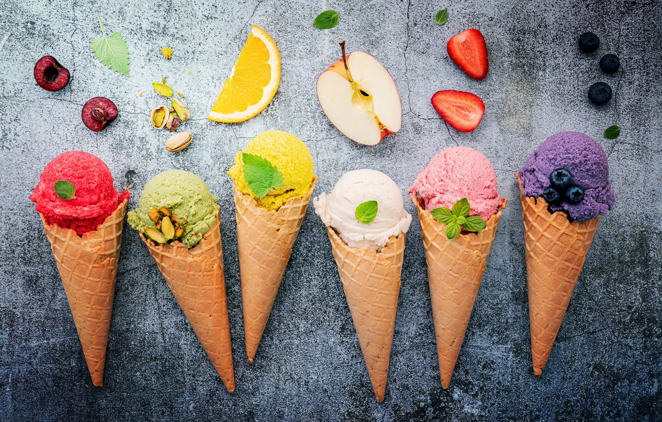 Photo wallpaper berries, raspberry, apples, orange, blueberries, strawberry, ice cream, fruit