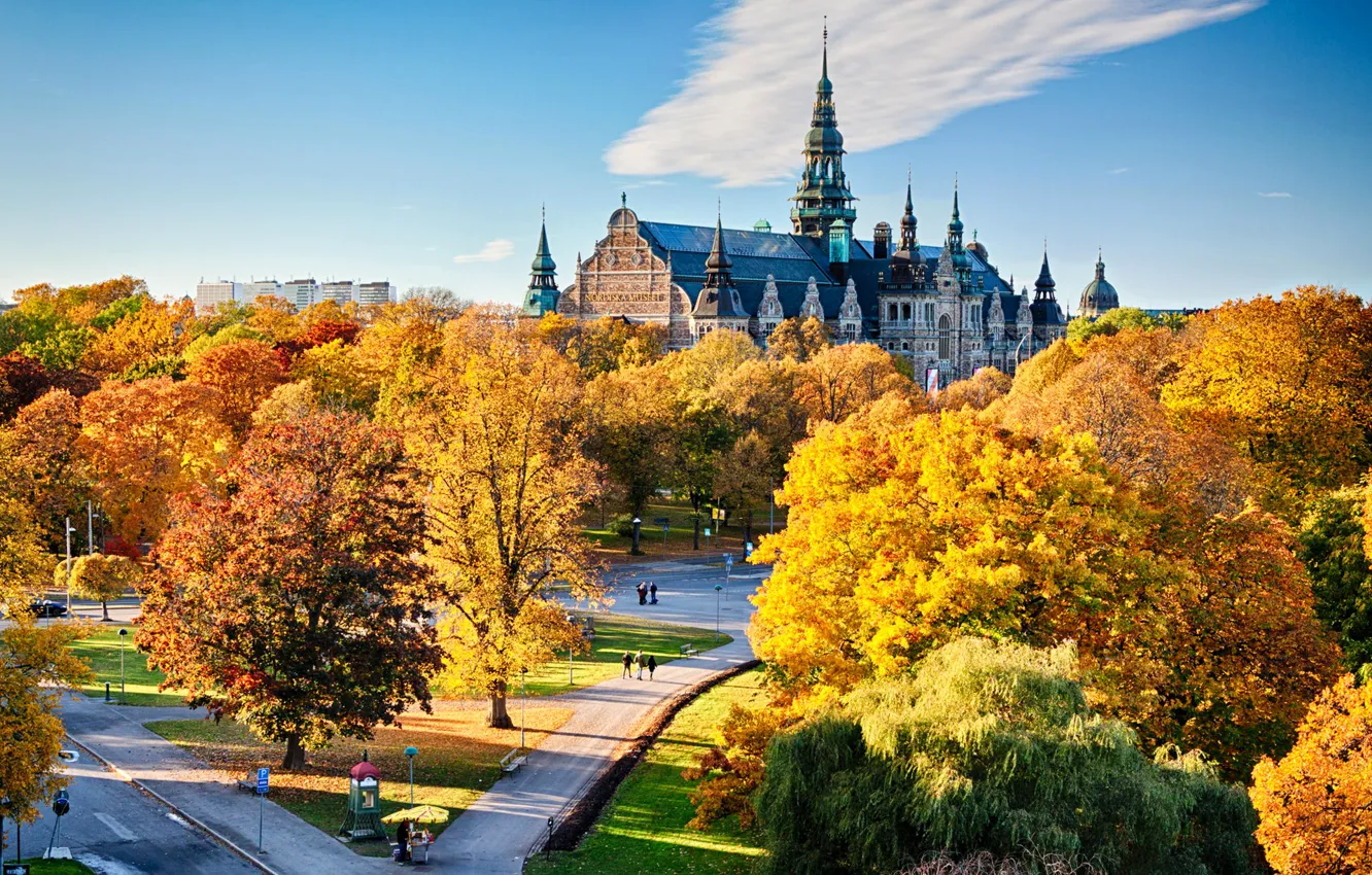 Photo wallpaper autumn, the sky, trees, the city, Park, Cathedral