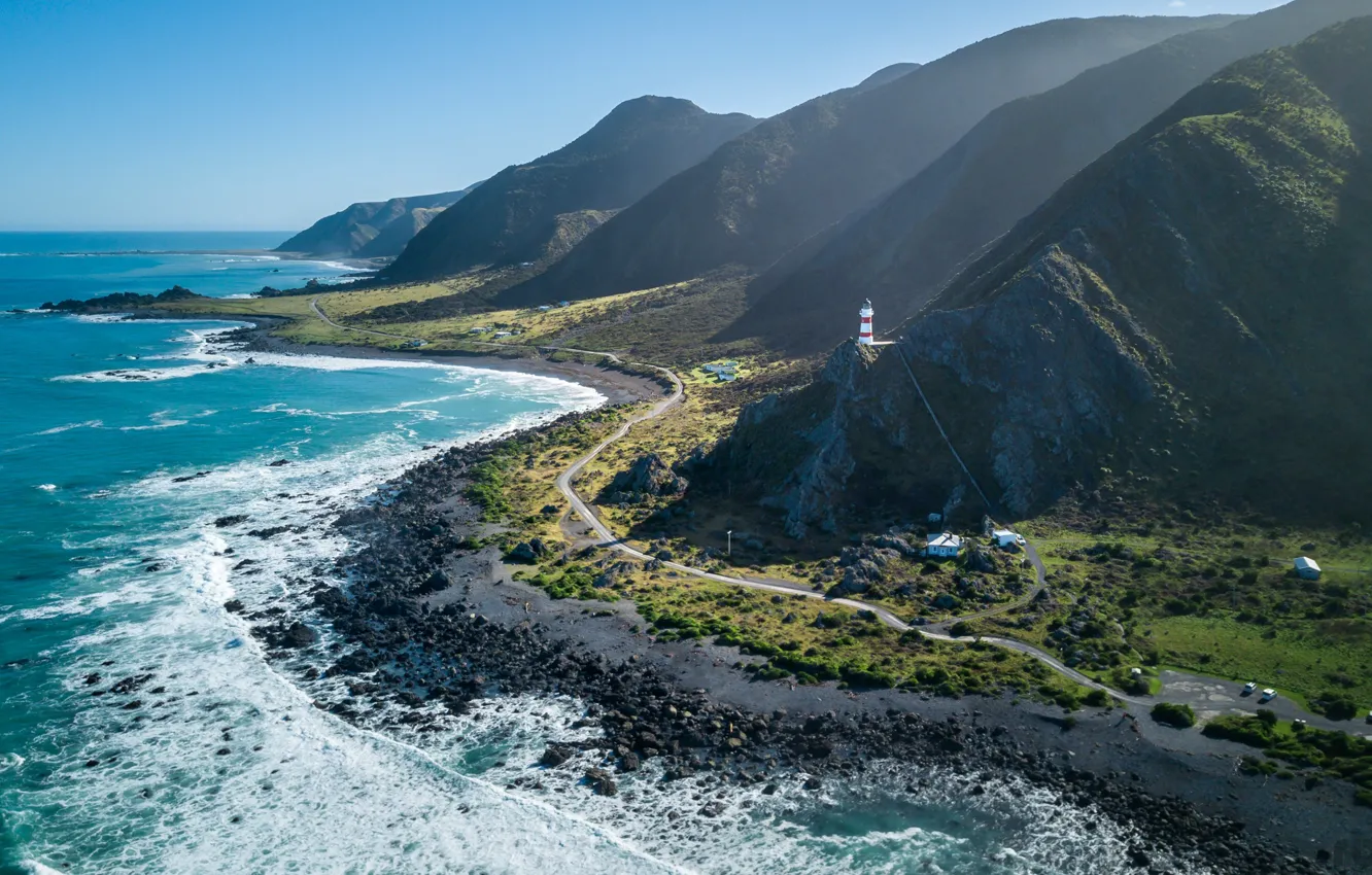 Photo wallpaper coast, The ocean, Road, Lighthouse, Mountain, New Zealand, New Zealand, Landscape