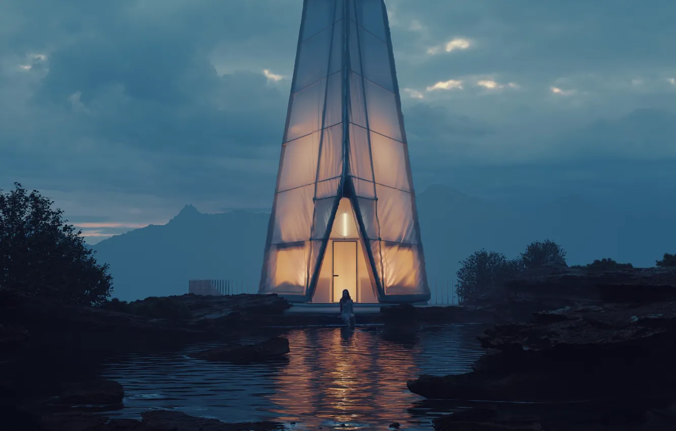 Photo wallpaper night, reflection, construction, pond, Northern Wisps