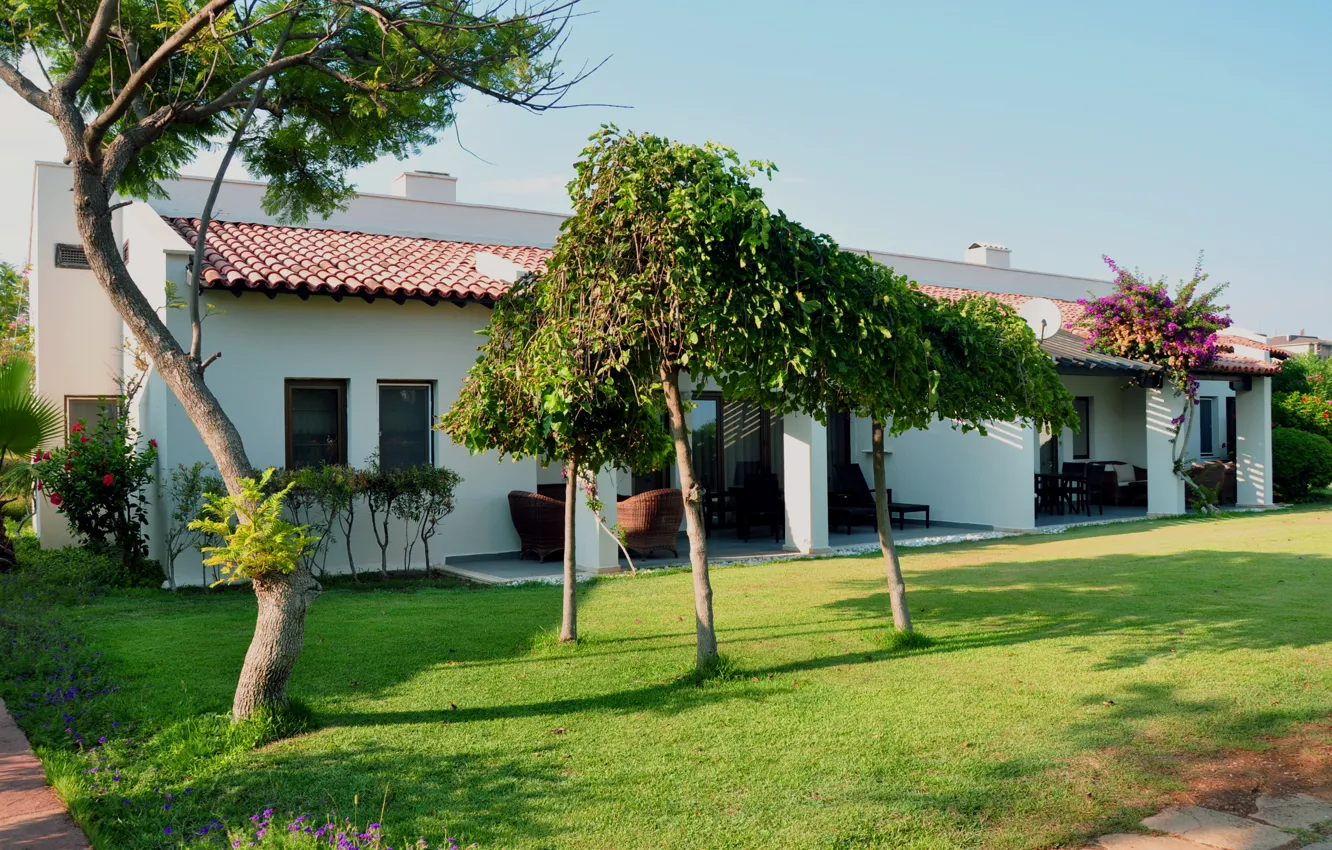 Photo wallpaper trees, lawn, home, the hotel, cottage, Turkey