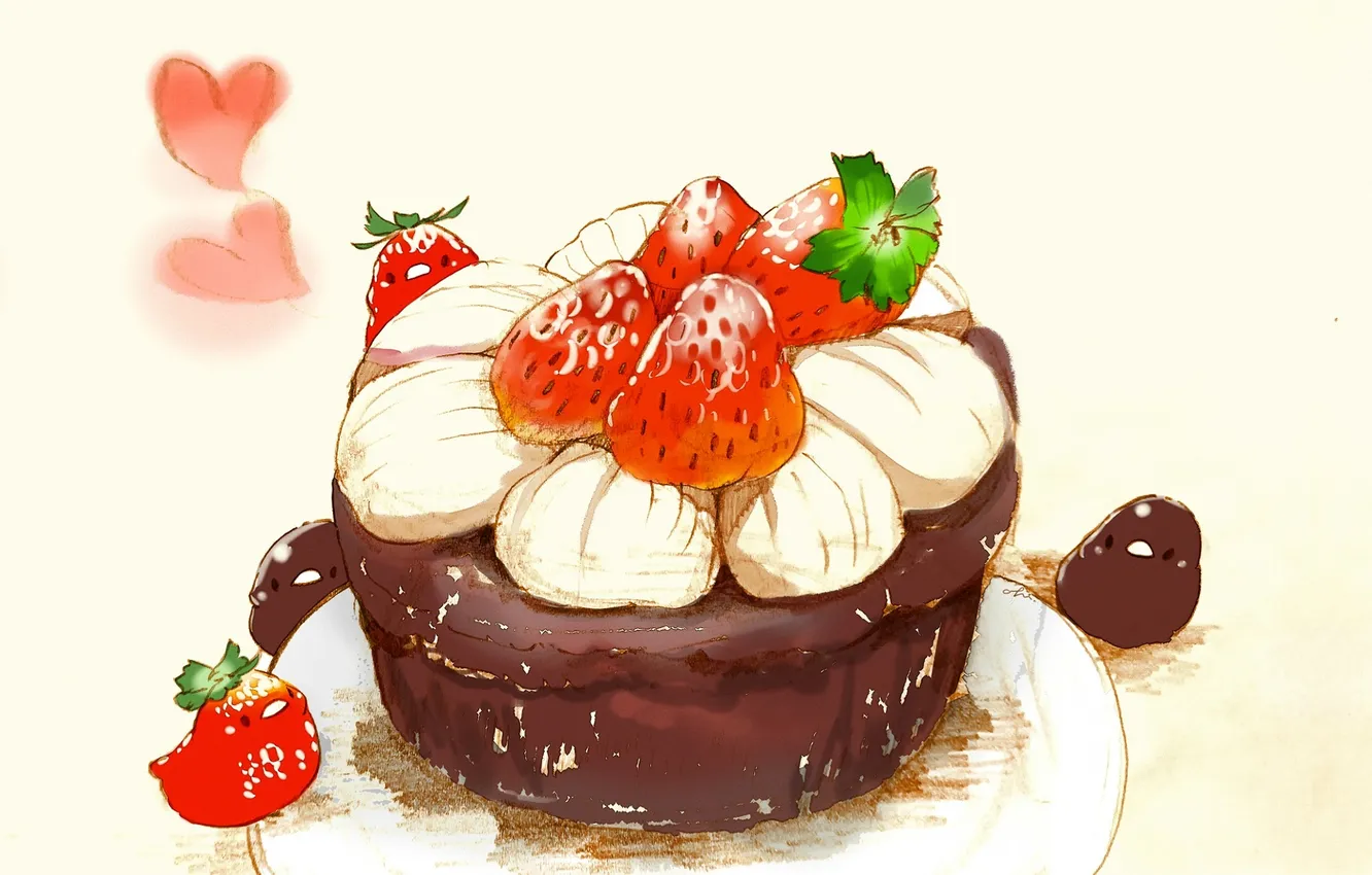 Photo wallpaper berries, strawberry, hearts, cake, pink background, on the plate, p tichki