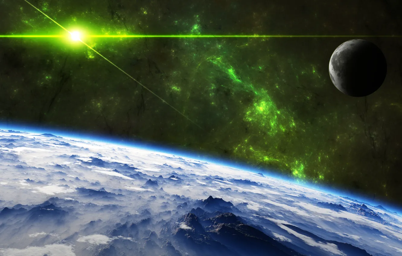 Photo wallpaper stars, clouds, surface, light, mountains, the moon, planet, nebula