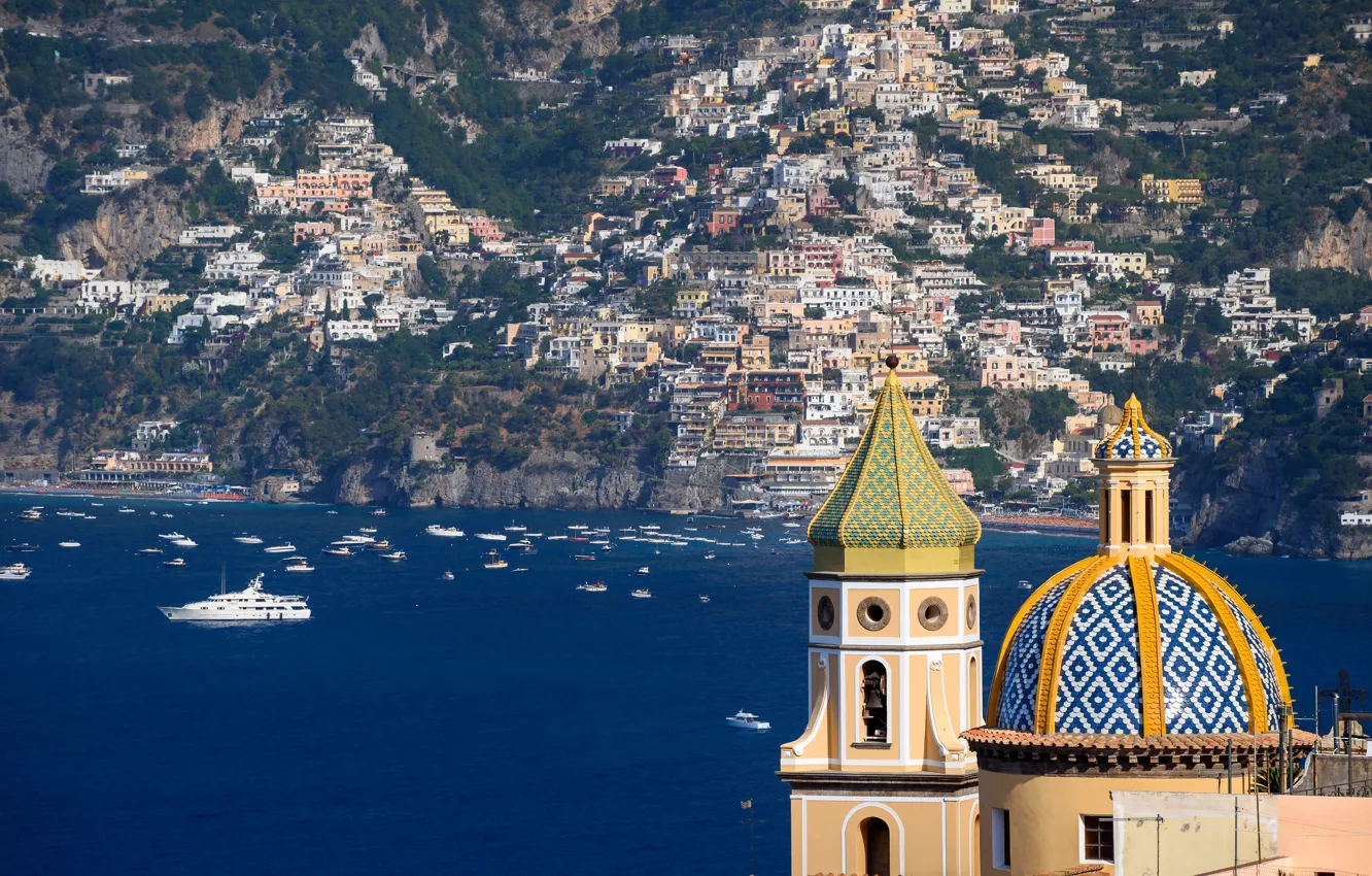 Photo wallpaper Italy, Amalfi coast, Praiano, the Church of St. Januarius, in the background - Positano