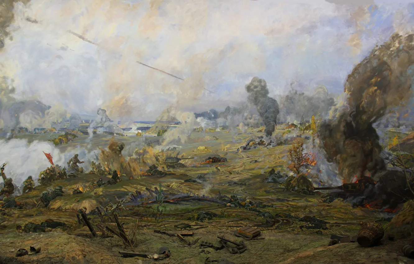 Photo wallpaper the explosion, river, war, smoke, picture, battle, soldiers, tank